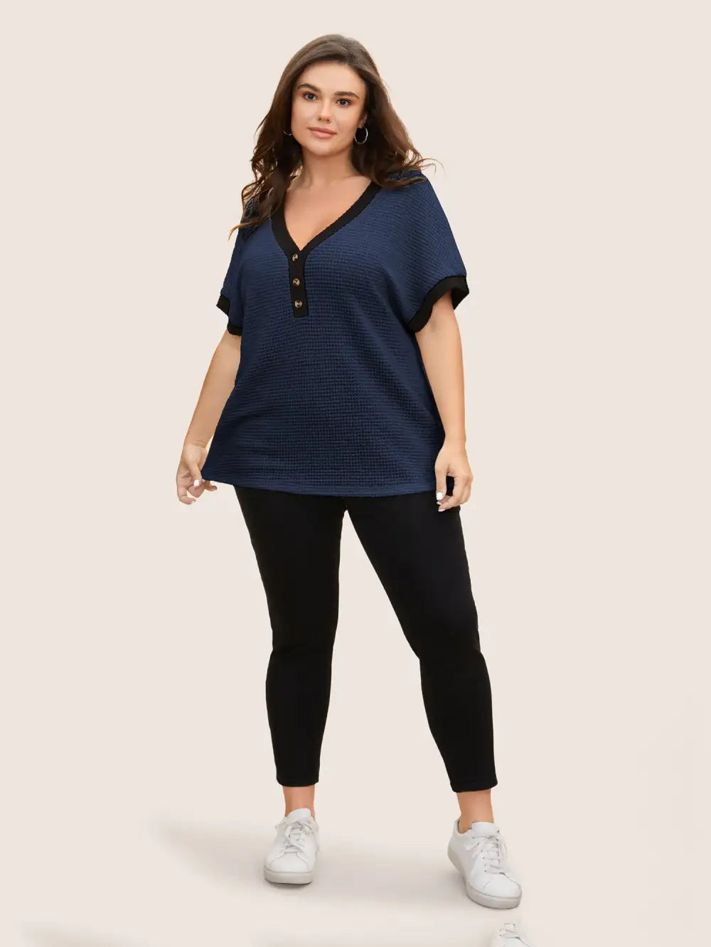 V Neck Contrast Button Detail Knit T-Shirt