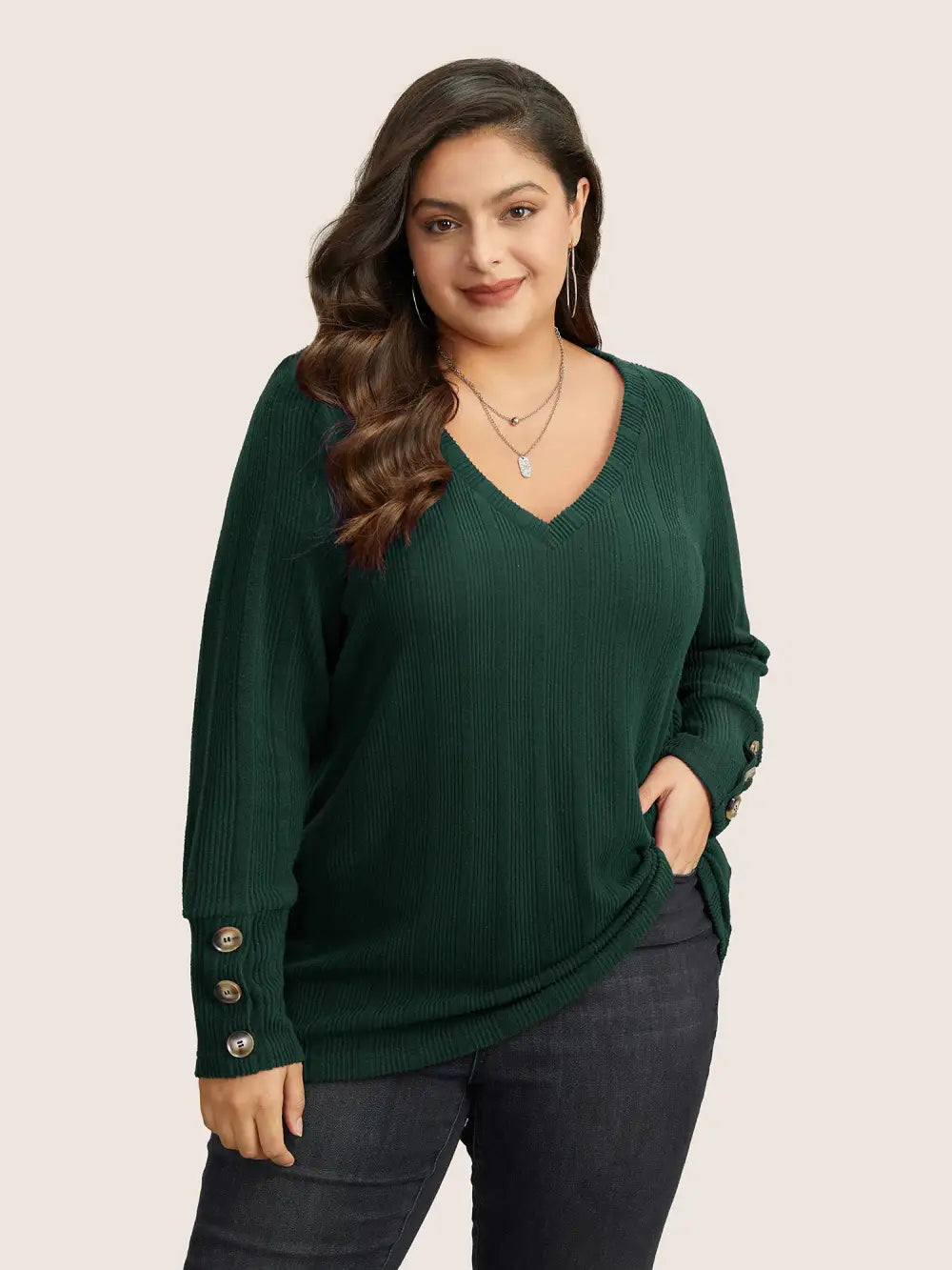 Rib Knit V Neck Button Detail T-Shirt