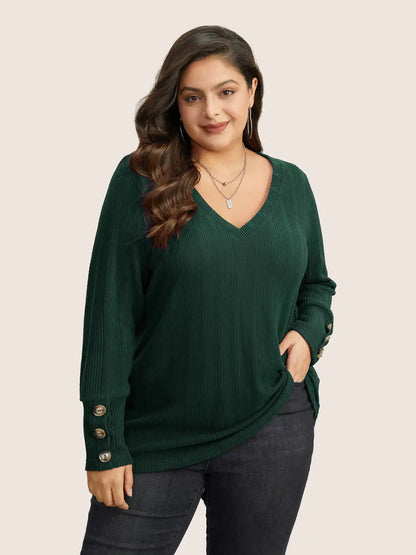 Rib Knit V Neck Button Detail T-Shirt
