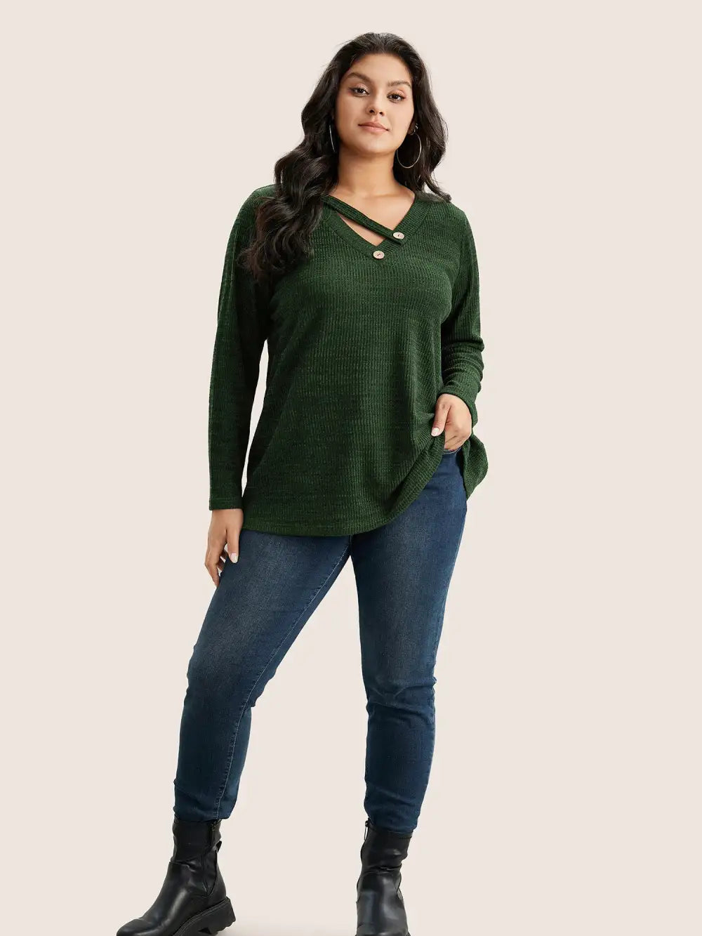 Solid Rib Knit Button Detail T-Shirt