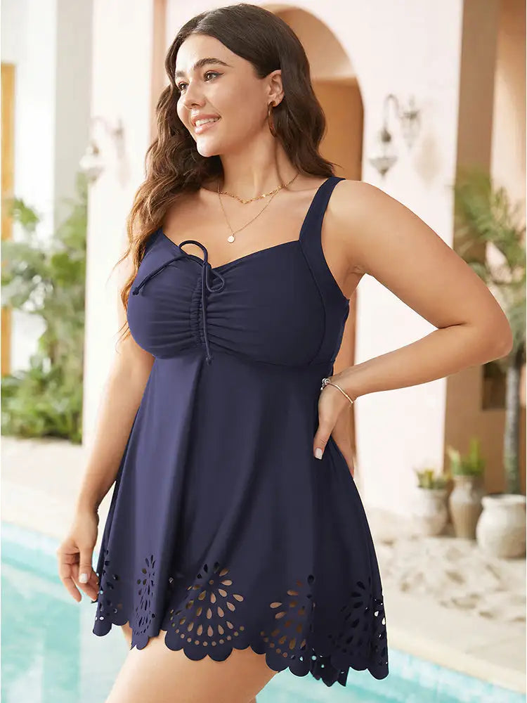 Laser Cut Ruched Drawstring A Line Swim Dress