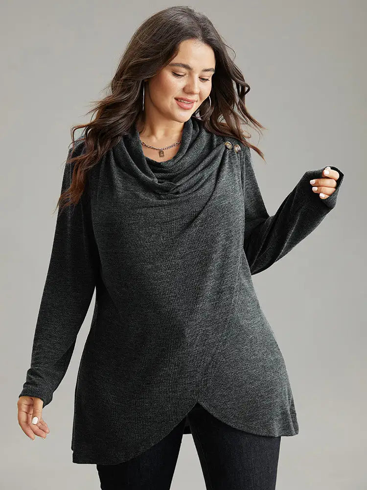 Plain Heather Cowl Neck Button Detail Sweatshirt