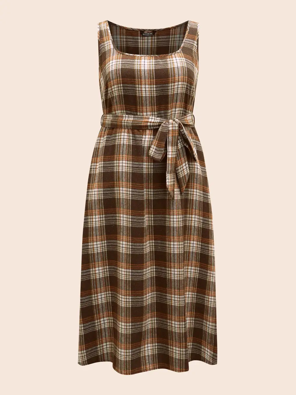 Square Neck Plaid Belted Dress