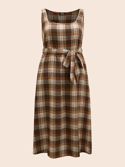 Square Neck Plaid Belted Dress