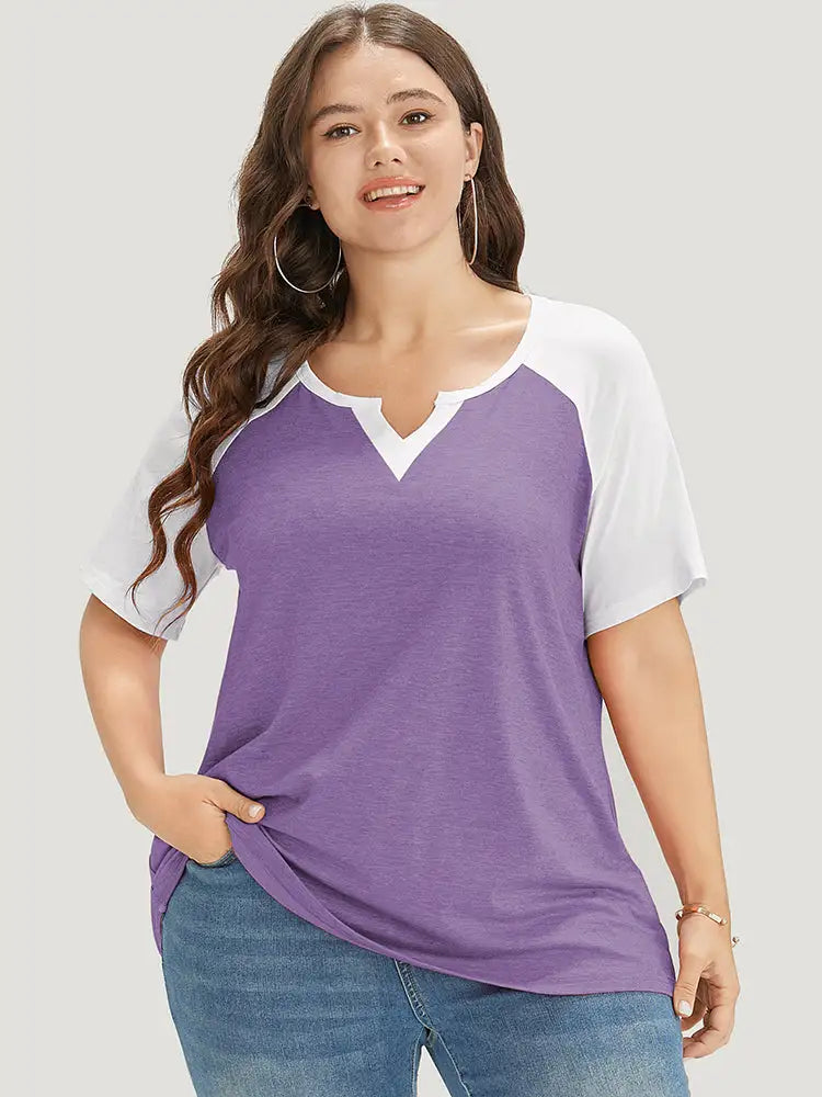 Colorblock Contrast Notched Raglan Sleeve T-shirt