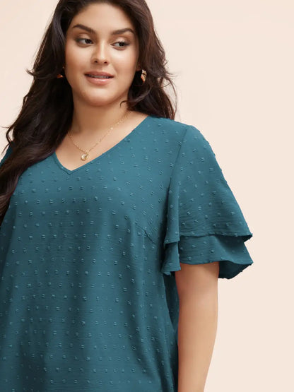 Plain Ruffle Tiered Sleeve V Neck Polka Dot Blouse