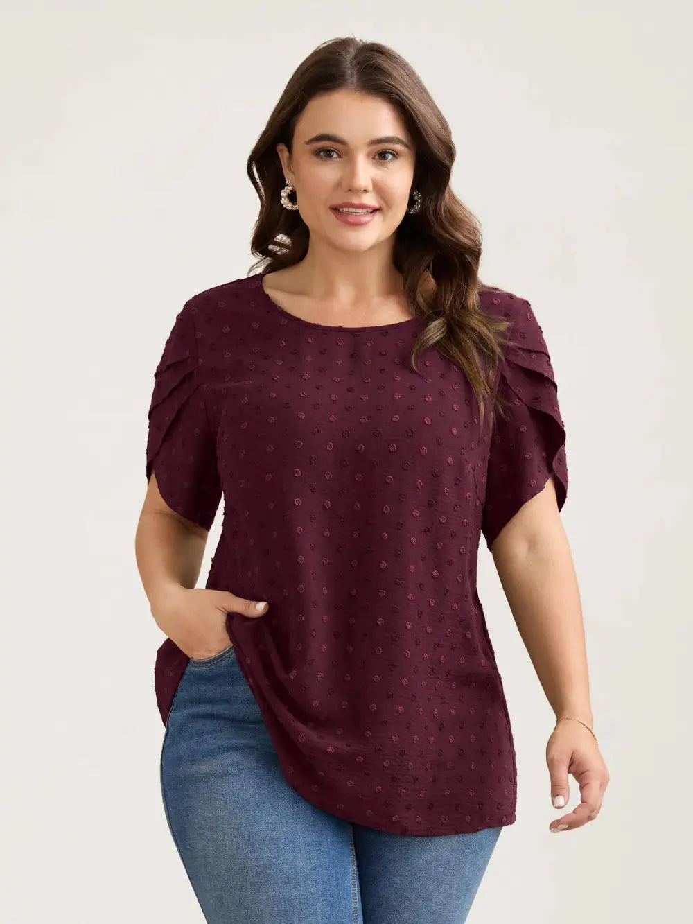 Textured Color Contrast Petal Sleeve Blouse