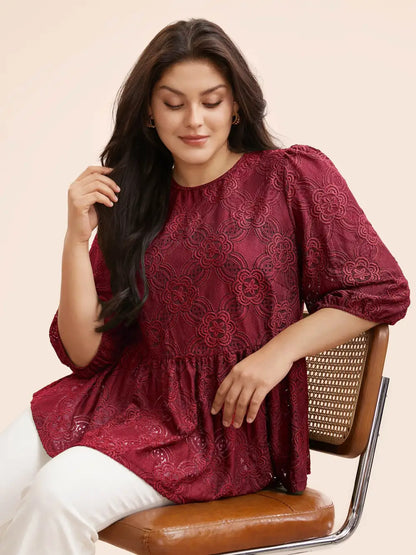 Crew Neck Crochet Lace Lantern Sleeve Blouse