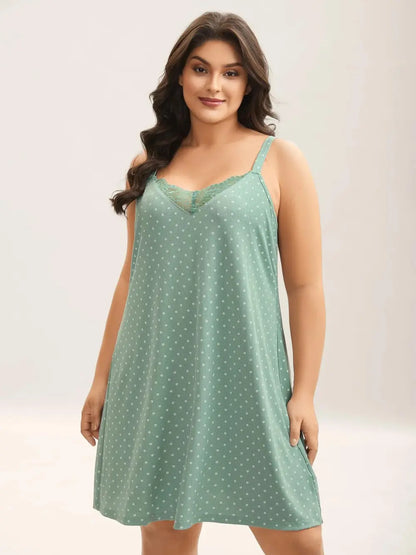 Lace Neck Polka Dots Textured Loungewear