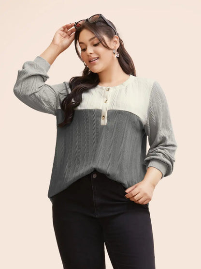Colorblock Contrast Textured Button Up T-Shirt