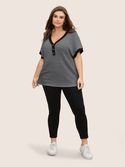 V Neck Contrast Button Detail Knit T-Shirt