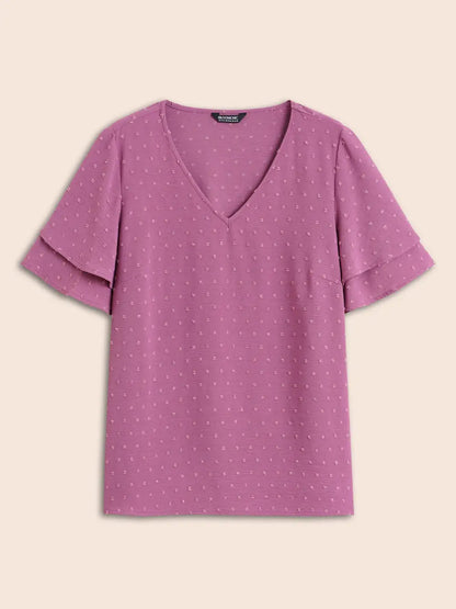 Plain Ruffle Tiered Sleeve V Neck Polka Dot Blouse