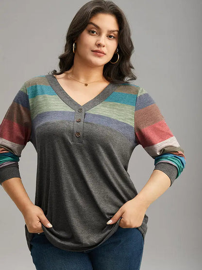 Colorblock Contrast V Neck Button Up T-Shirt