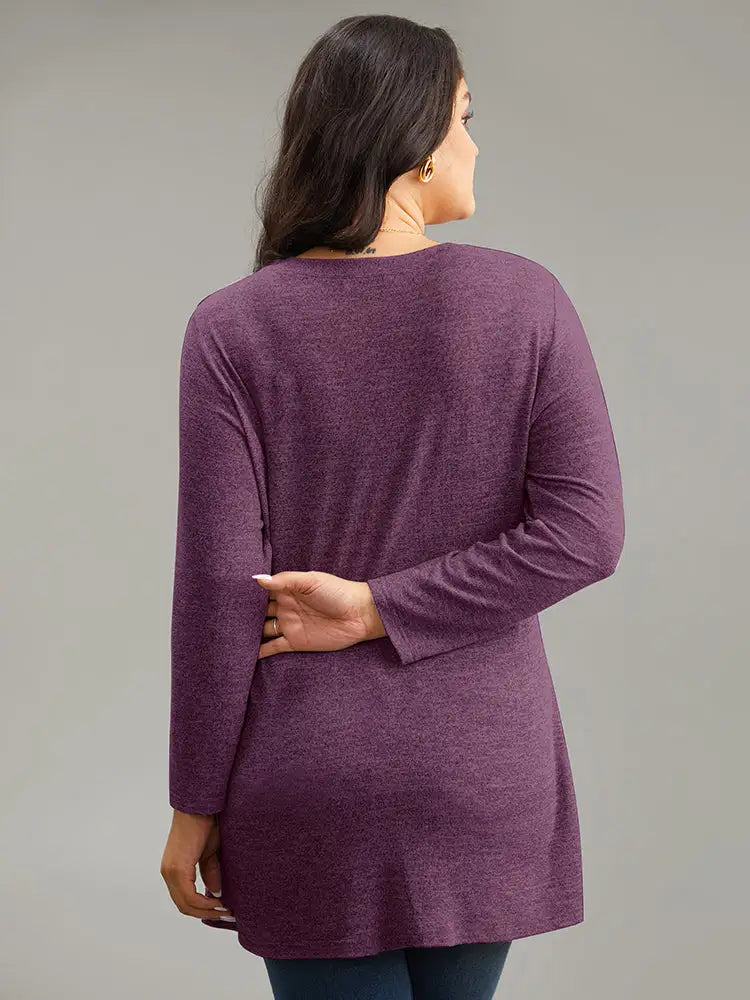 Contrast Patchwork Crew Neck Button Detail T-Shirt