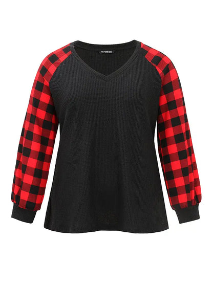 Waffle Knit Plaid Patchwork Raglan Sleeve T-Shirt
