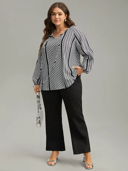 Geo Striped Tie Lantern Sleeve Blouse