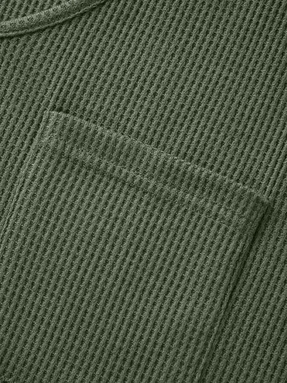 Waffle Knit Pocket Hooded Drawstring Arc Hem T-Shirt
