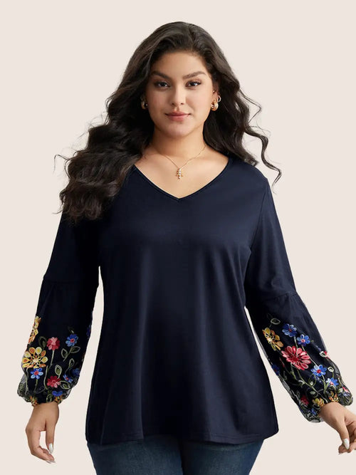 Floral Embroidered Lantern Sleeve T-Shirt
