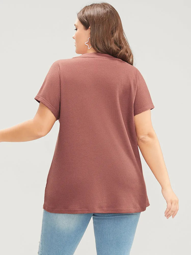 Solid Dolman Sleeve Button Detail Waffle Knit T-shirt