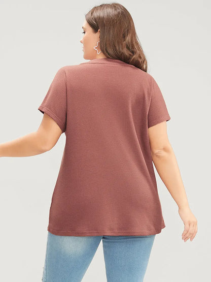 Solid Dolman Sleeve Button Detail Waffle Knit T-shirt