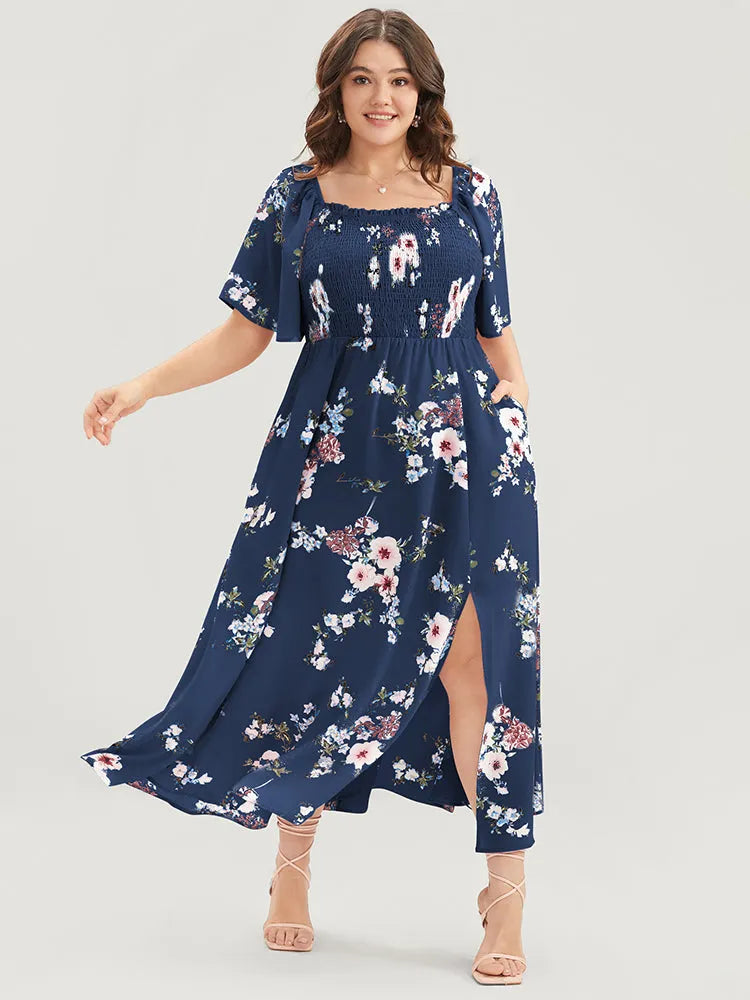 Floral Square Neck Ruffles Pocket Shirred Split Dress