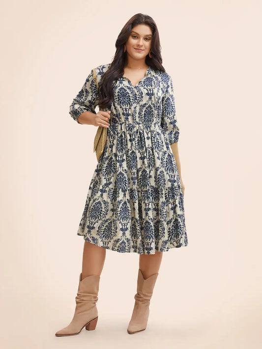 Boho Print Tie Knot Puff Sleeve Dress
