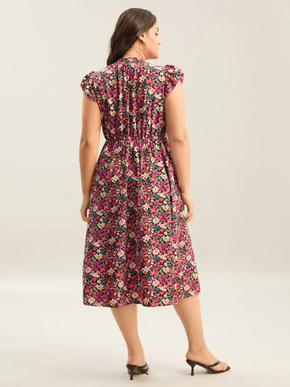 Floral Print Shirred Pockets Midi Dress