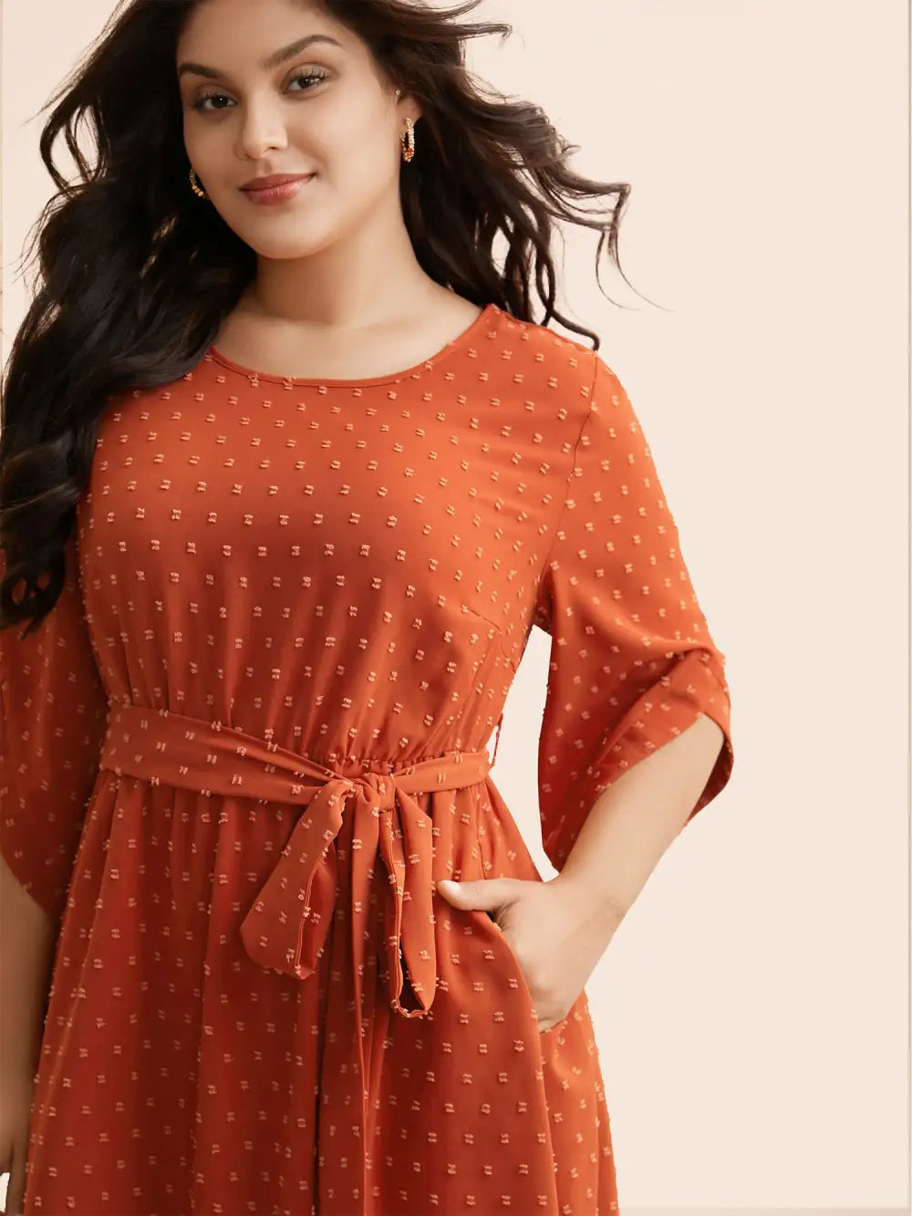 Textured Bell Sleeve Belted Arc Hem Dress