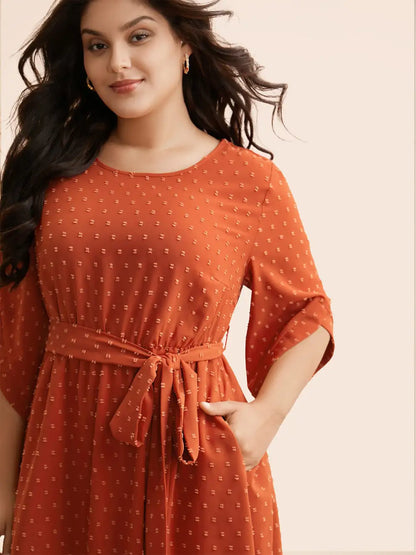 Textured Bell Sleeve Belted Arc Hem Dress