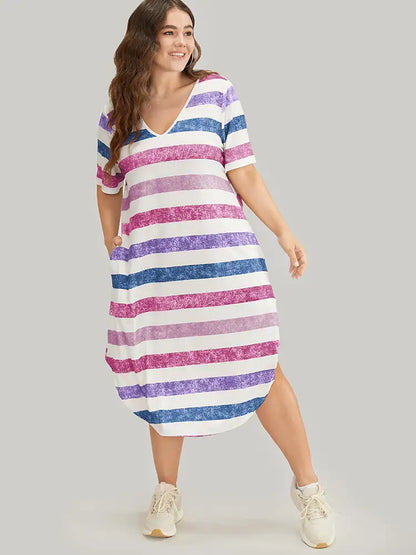 Striped Contrast Arc Hem V Neck Pocket Dress