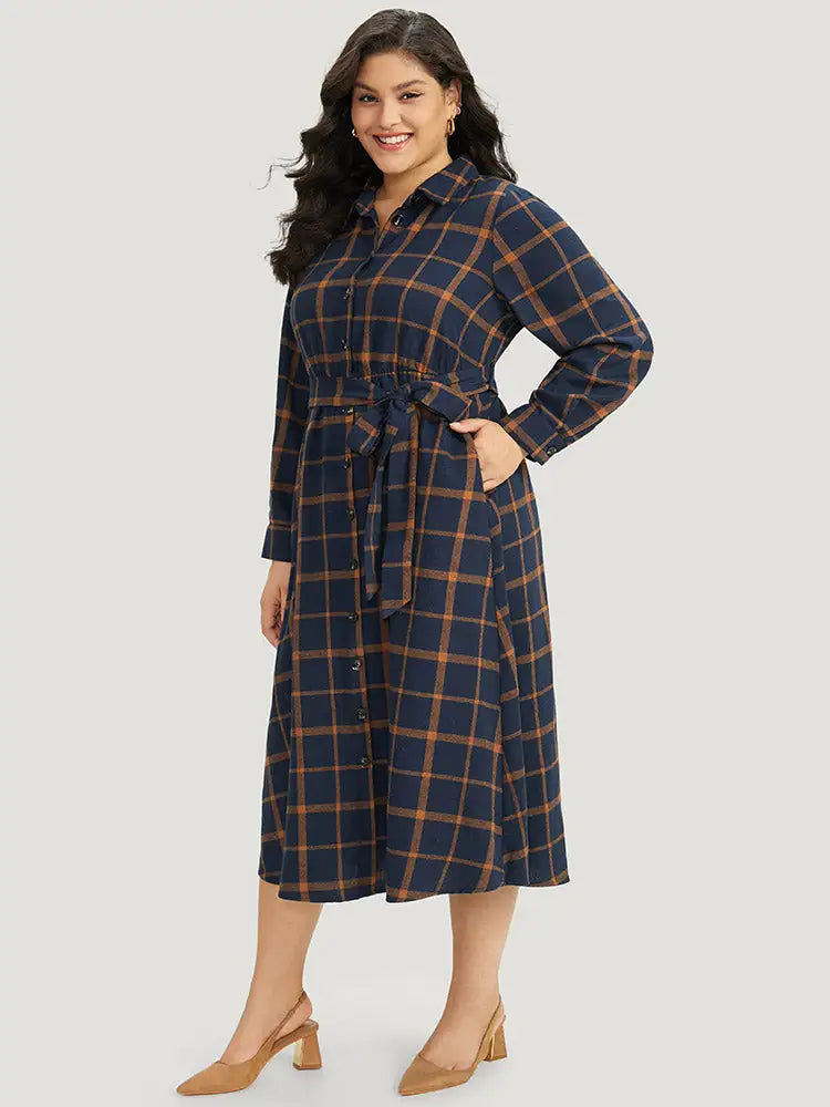 Plaid Shirt Collar Button Fly Belted Dress