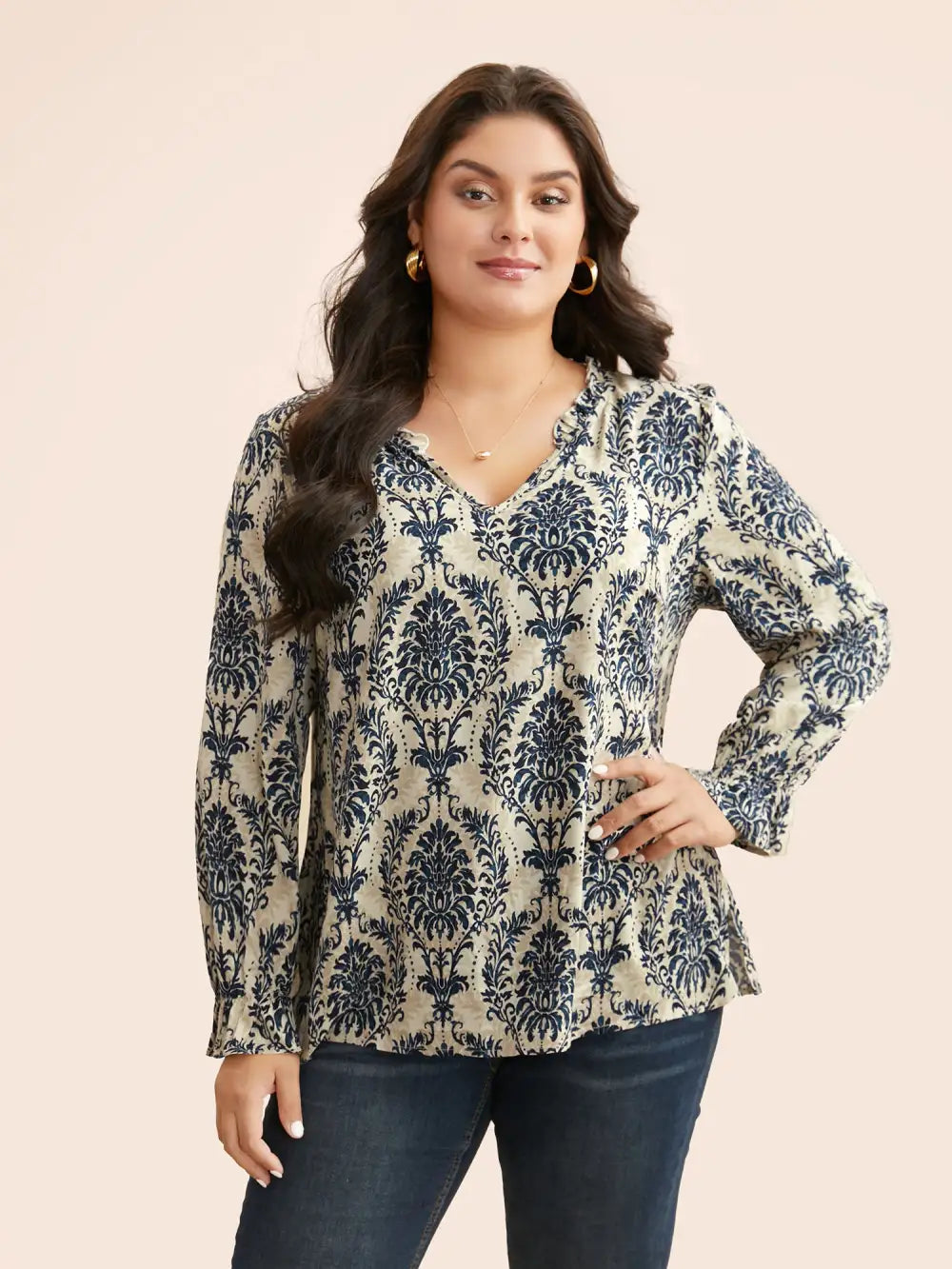 Boho Print Frill Trim Slit Hem Blouse