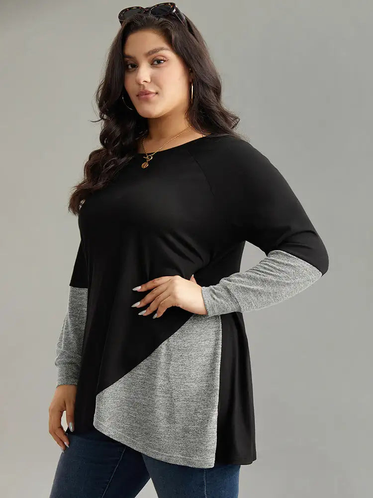 Two Tone Patchwork Heather Arc Hem T-Shirt