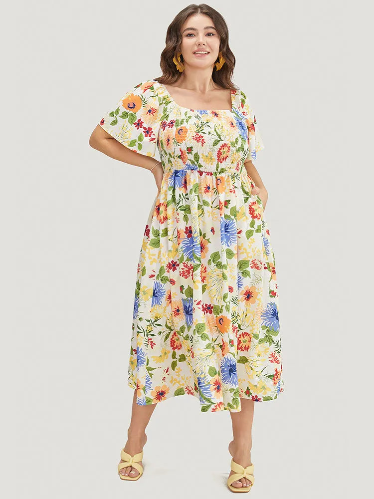 Floral Backless Shirred Square Neck Pocket Ruffle Hem Dress