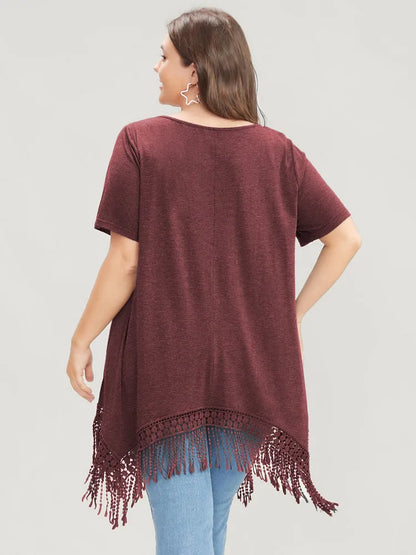 Solid Round Neck Lace Fringe Hem T-shirt