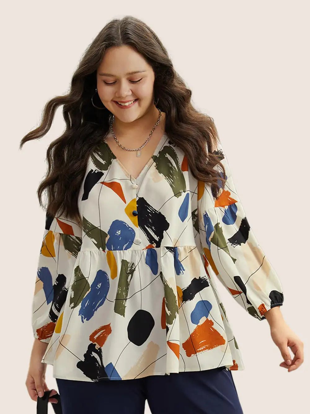 Brush Print Button Detail Elastic Cuffs Blouse