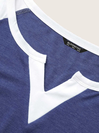 Colorblock Contrast Notched Raglan Sleeve T-Shirt