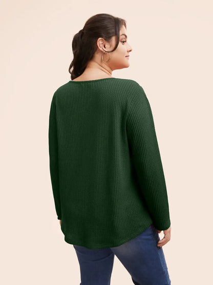 Plain Waffle Knit Scoop Neck Plicated Detail T-Shirt