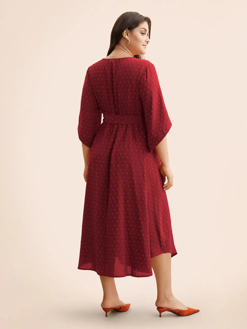 Textured Bell Sleeve Belted Arc Hem Dress