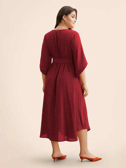 Textured Bell Sleeve Belted Arc Hem Dress