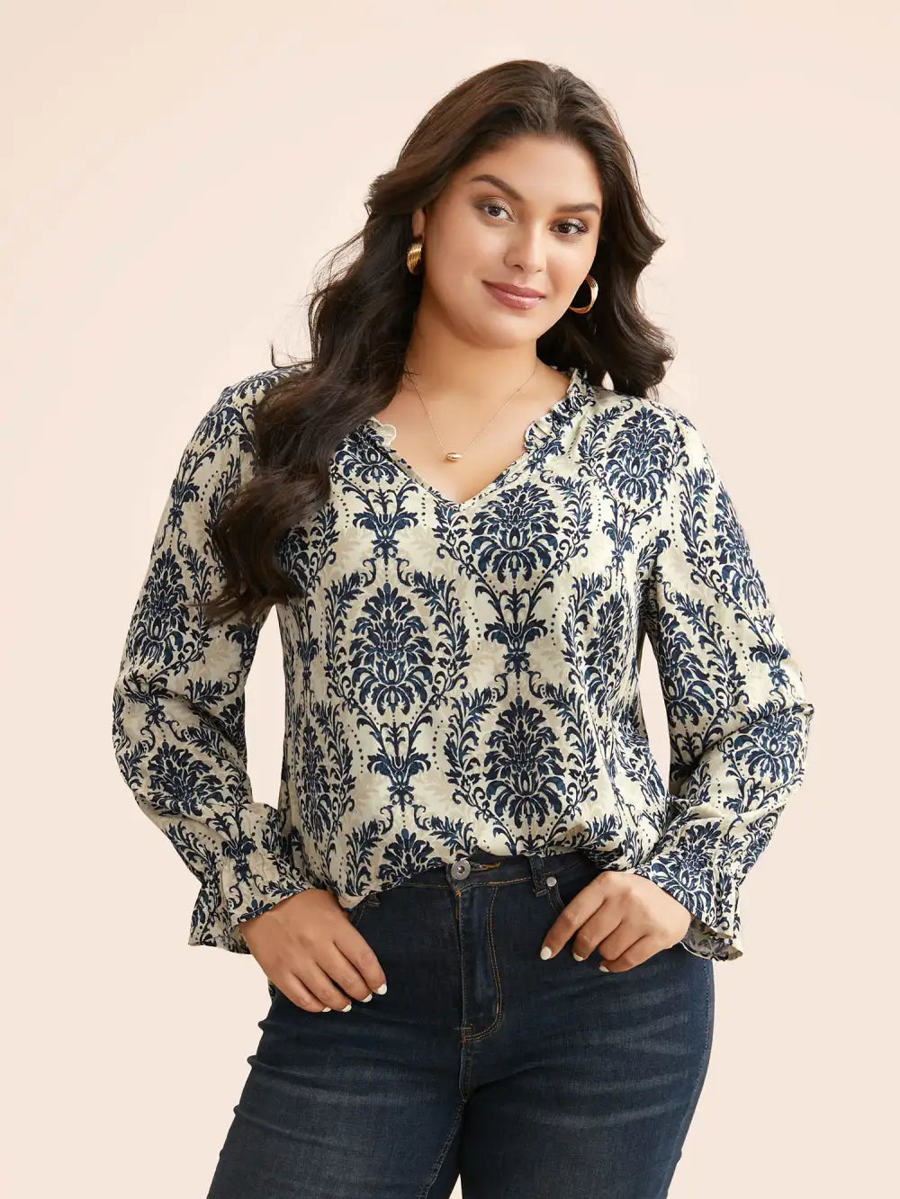 Boho Print Frill Trim Slit Hem Blouse