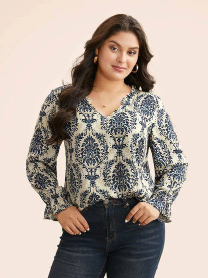 Boho Print Frill Trim Slit Hem Blouse