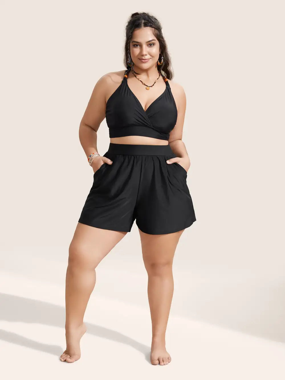 Solid Gathered High Rise Pocket Swim Bottom