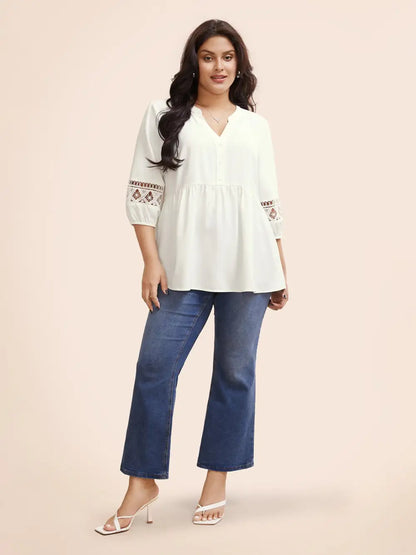Notched Patchwork Cut Out Lantern Sleeve Blouse