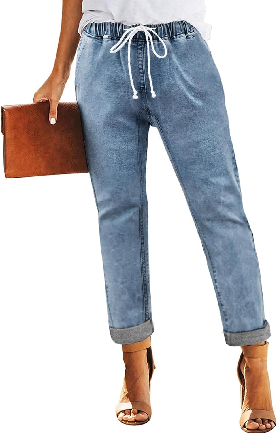 Womens Casual Denim Jeans Pull-on Stretch Jeans Elastic Waist Jean Denim Drawstring Joggers Pants
