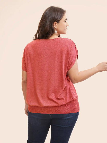 Solid Ruched Batwing Sleeve Shirred Hem T-Shirt