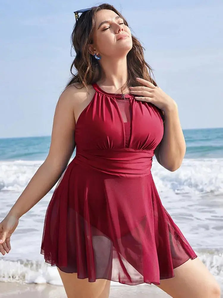 Knotted Back Mesh Insert Halter Swim Dress