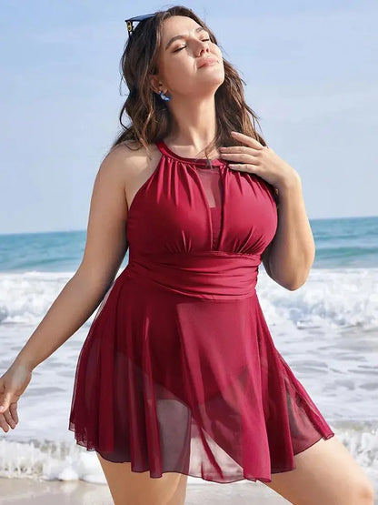 Knotted Back Mesh Insert Halter Swim Dress