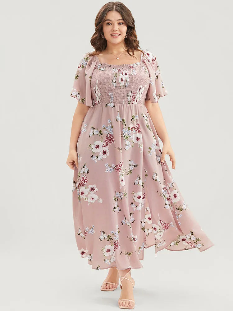 Floral Square Neck Ruffles Pocket Shirred Split Dress