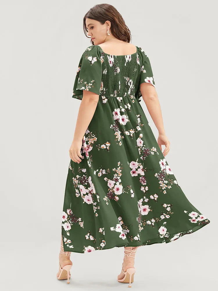 Floral Square Neck Ruffles Pocket Shirred Split Dress